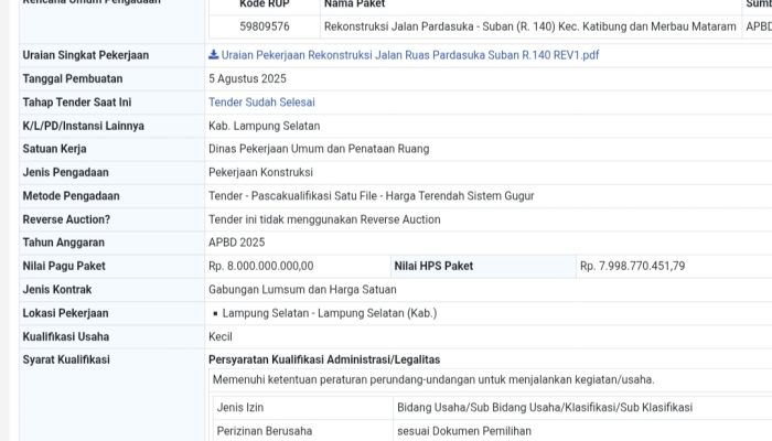Diduga Adanya Persengkongkolan Pekerjaan Dinas PUPR Lampung Selatan 7,9 Milyaran